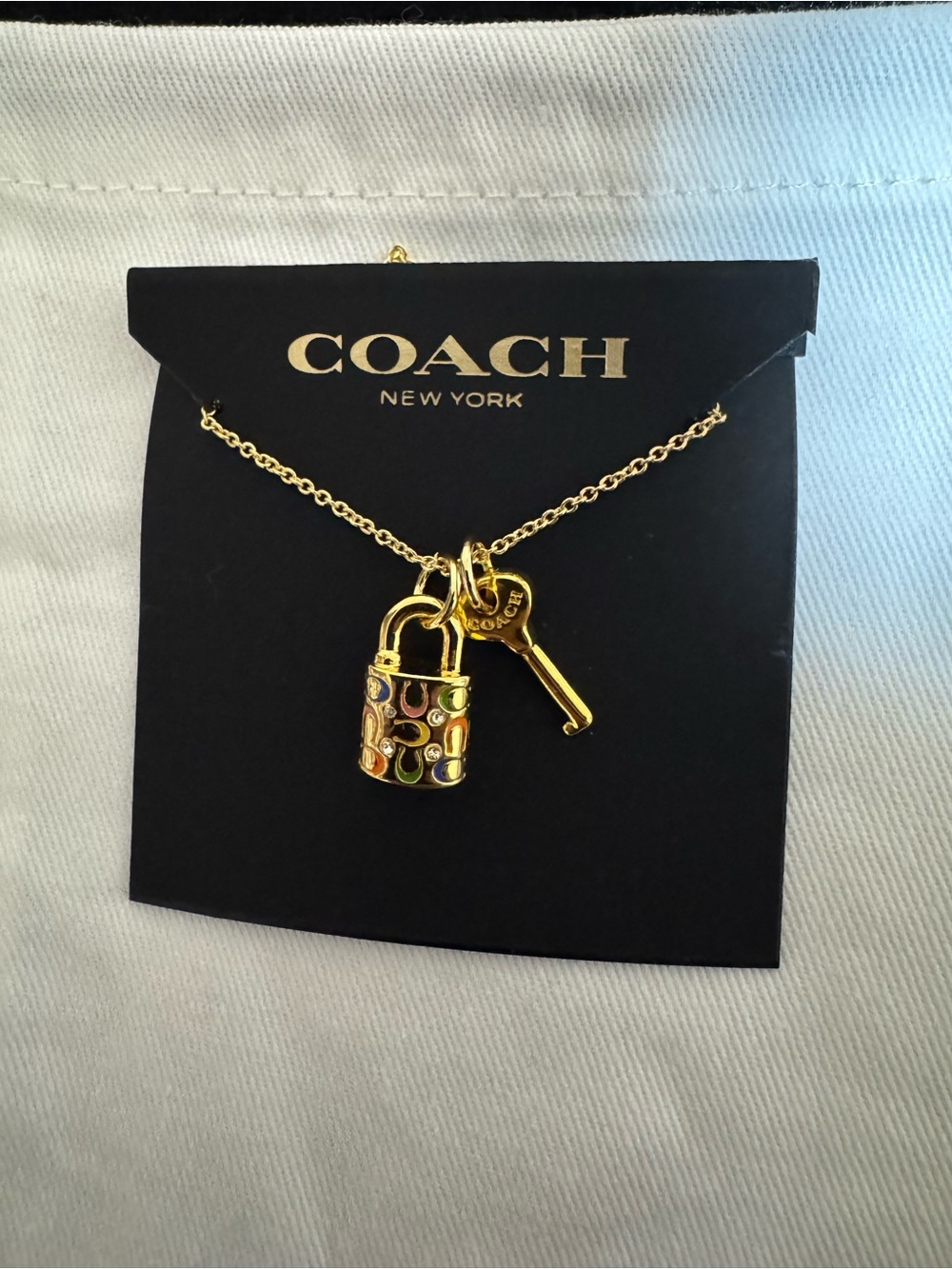Coach Gold-Tone Padlock & Key Necklace with Multicolor Enamel